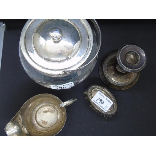 190 - Miscellaneous silver and plated items: an etched glass biscuit barrel,  a gravy jug, a candlestick w... 