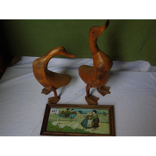 239 - A charming Ethel Parkinson print entitled 'I am a Child' and two carved wooden geese