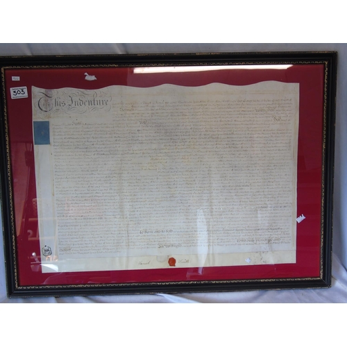 303 - 18th C indenture, framed and glazed