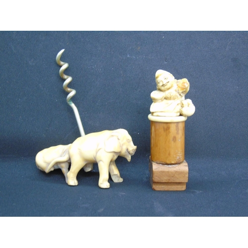 309 - Two Ivory Figures - Elephant Corkscrew and a Mounted Sage a/f