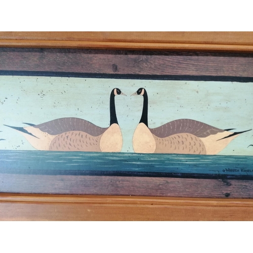 415 - A modern framed print of two geese, 30 x 71 cm