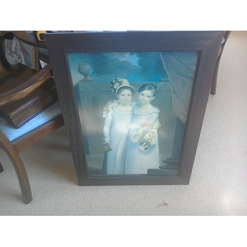 423 - Framed fine art print of two Regency young girls, 86 x 64 cm