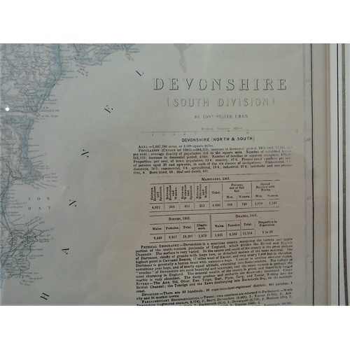 426 - A framed old map print of Devonshire South Division, from Cassell's County Atlas of 1864, 48 x 60cm