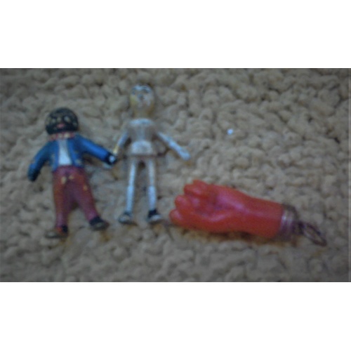 246 - Three miniature collectibles - a 19C toy figure of a wooden doll holding hands with a golliwog, 2cm ... 