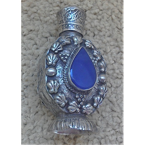 178 - A white metal miniature perfume bottle with inset blue teardrop stone; two white metal pill boxes - ... 