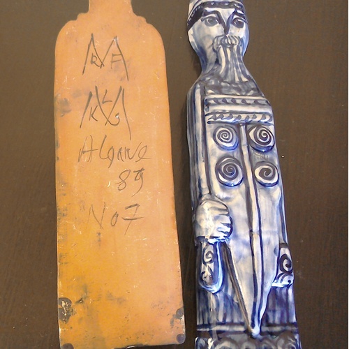 136 - Two Portuguese pottery blue/white flat back medieval bishop figures, signed and dated on reverse