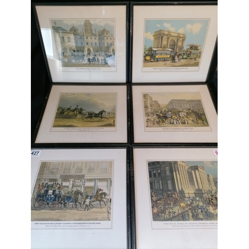 427 - A good set of six framed antiquarian prints on the theme of 19C London transport, 34 x 39 cm