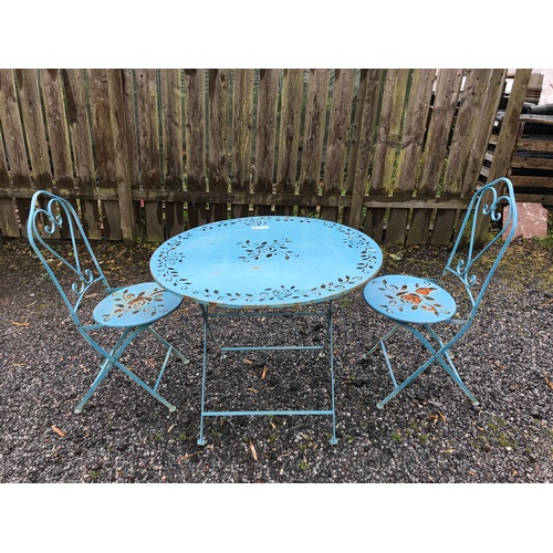 3 - A painted shabby chic blue/green metal circular garden table, folding, and two chairs