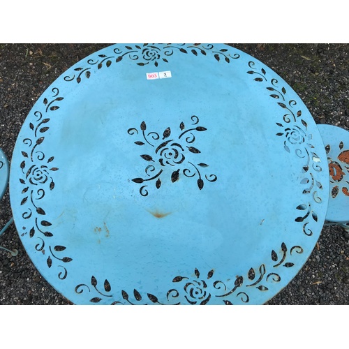 3 - A painted shabby chic blue/green metal circular garden table, folding, and two chairs