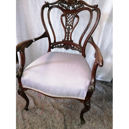 609 - A fine Anglo-Indian style armchair with claw cabriole feet to front, upholstered in lilac, in vgc