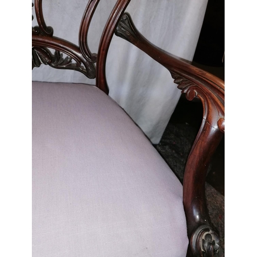609 - A fine Anglo-Indian style armchair with claw cabriole feet to front, upholstered in lilac, in vgc