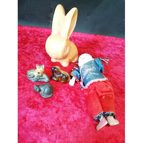 Vintage collectibles: a Wade Heath bunny, a Chinese character doll, two  Wade Whimsies, a sleeping bl