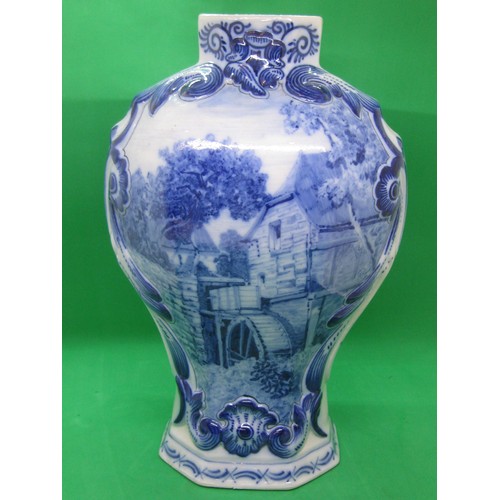 113 - Two Delft blue baluster-shaped chimney vases one decorated with a mill race,the other a river landsc... 