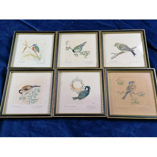 17 - Attractive set of six good quality aquarelle pencil drawings of hedgerow birds, in original part gil... 