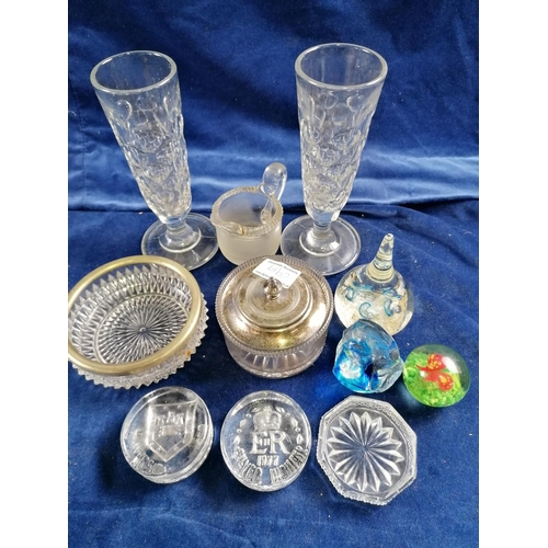 96 - A Dartington glass pair of crested commemorative paperweights also 3 other paperweights & sundry gla... 