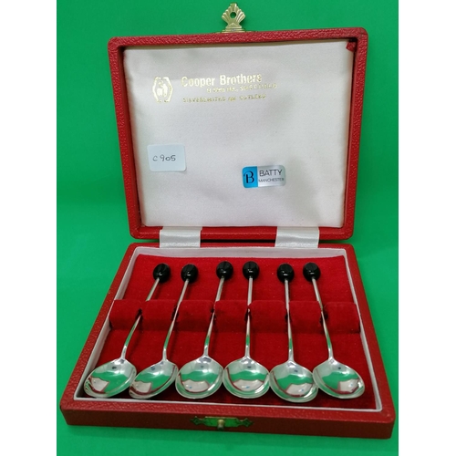 254 - A boxed set of six silver bean-topped coffee spoons, Sheffield 1972 by CB & S, weight 34g, original ... 