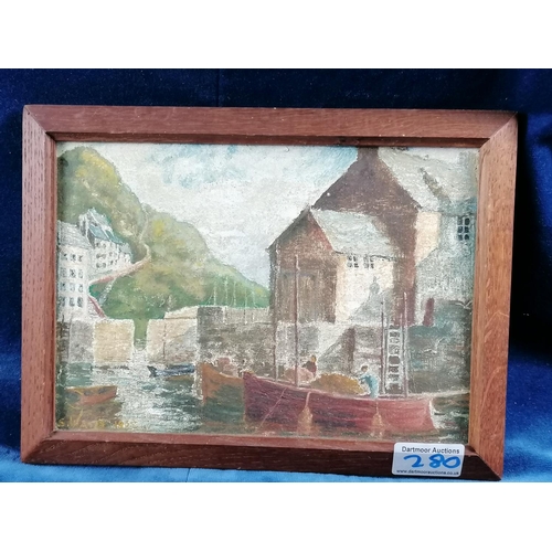 280 - A West Country School: oil on board of fisher folk unloading a catch in a harbour, signed S Watts, 1... 