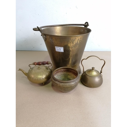 13 - Large Brass Bucket / Pail Plus Three Smaller Items.