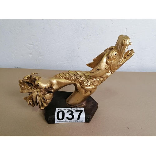 37 - Carved Wooden Gilded Dragon Head On Plaque.