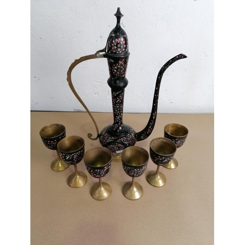 45 - Middle Eastern Decorative Coffee Pot and Six Brass Goblets.