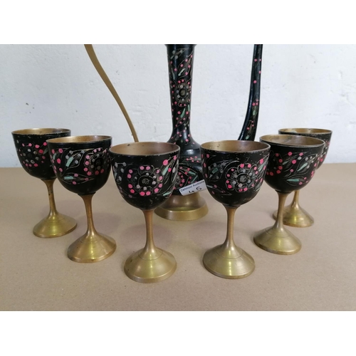 45 - Middle Eastern Decorative Coffee Pot and Six Brass Goblets.