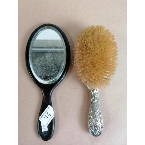 76 - Vintage Ebony Mirror and white Metal Hairbrush.