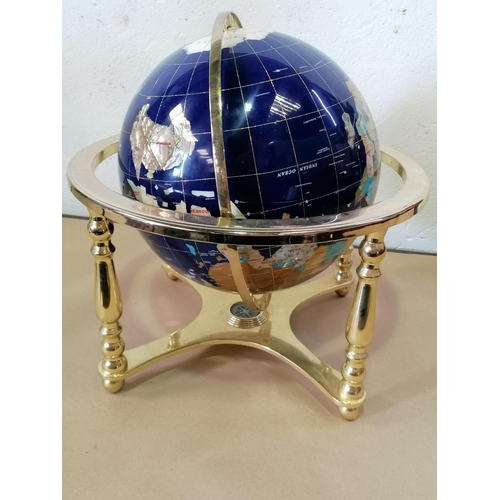 84 - Large Decorative Brass and Stone Globe with Compass. Approx 18 Inches Width.