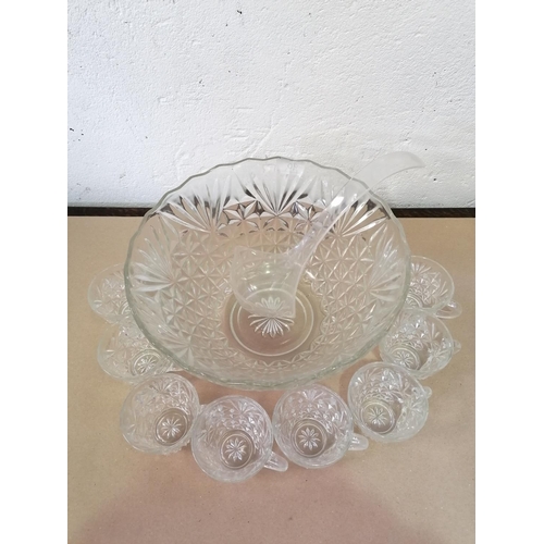 90 - Large Pressed Glass Punch Bowl and Glasses.