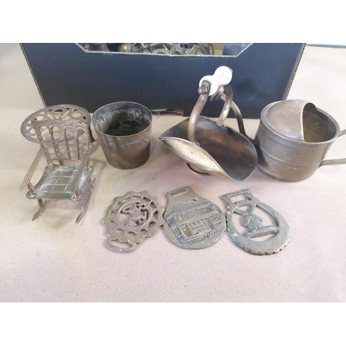 232 - Large Box of Various Brassware. Horse Brasses, Weights, ETC.