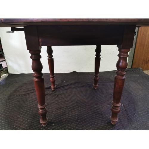 104 - Late Victorian Mahogany Dropleaf Coffee Table with Turned Legs.

28x43.5x43.5 Inches.