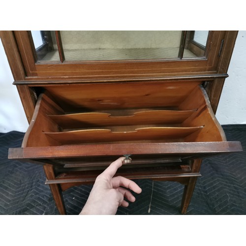 113 - Edwardian Mahogany Inlaid Display Cabinet with Hinged Document Drawer.

66x23.5x30 Inches.