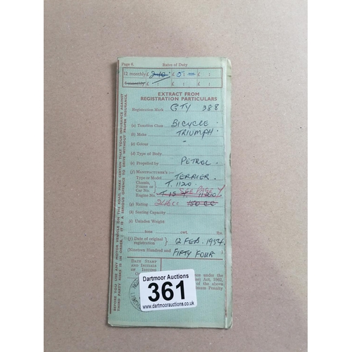 361 - Pair of Rectangular Registration Plates and original Log Book