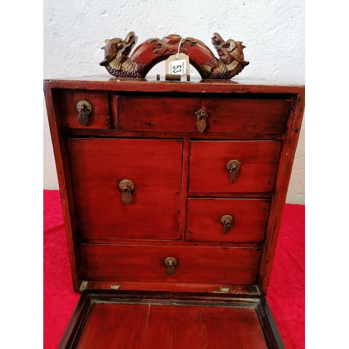 414 - Large Red Lacquered Antique Jewellery Dressing Casket with Brass Drop Handles and Dragon Handle.