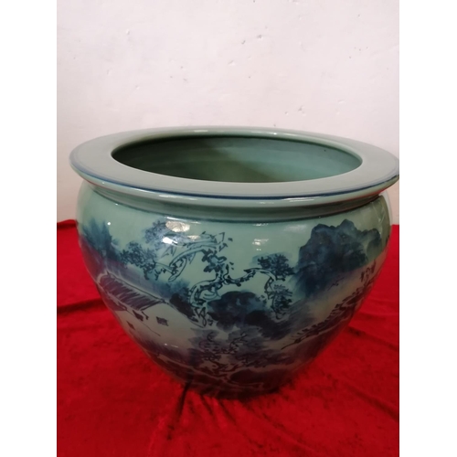 421 - Large Blue & Yellow Decorative Chinese Fishpot / Jardiniere. With Fish Decoration.