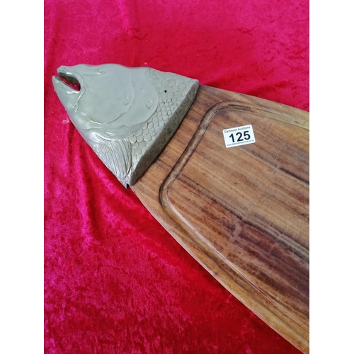 423 - Large Wooden Fish Platter with Plated Decoration from the Cafe Royale. (Thought to have been used by... 