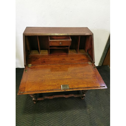 106 - Late Georgian Carved Oak Bureau with Hinged Lid, Turned Legs and Brass Dropped Handles.

39x30x17 In... 