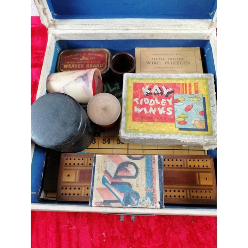 214 - Small carton of vintage childrens games (tiddlywinks, snakes and ladders, etc.) and some old copper ... 