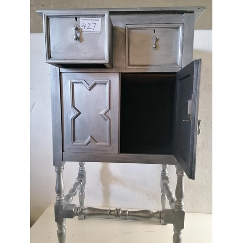 232 - Silver painted oak tall boy cupboard with pair of drawers.