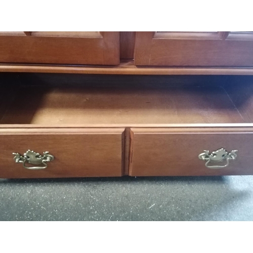 137 - Large modern teak style display cabinet with three glass shelves 3'3