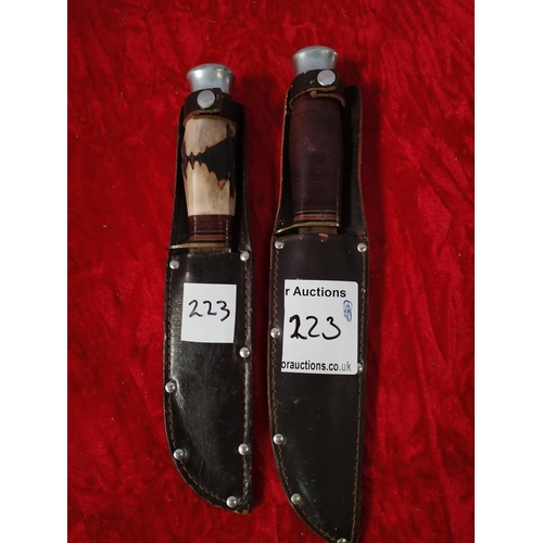 223 - 2 vintage hunting sheath knives one with leather binding, the other with antler handle.