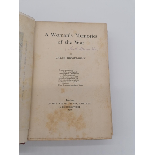 1017 - Hardback, 'A Woman's Memories of the War' by Violet Brooke-Hunt. Bound in red cloth with gold letter... 