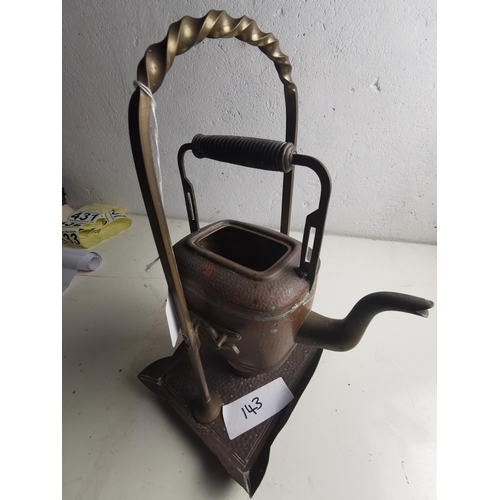 143 - Antique copper kettle with burner on stand.