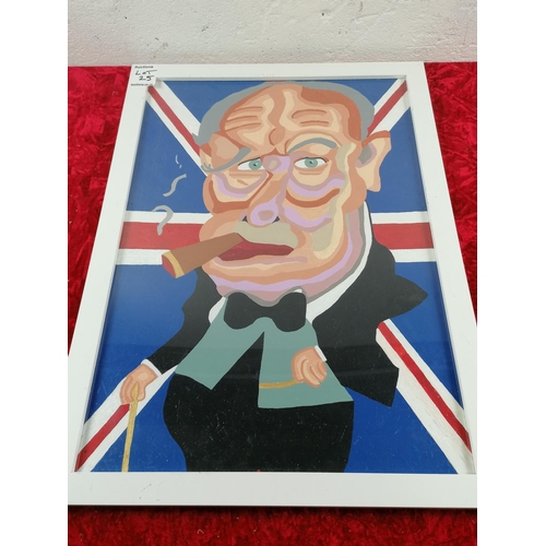 125 - Framed colourful cartoon painting of Winston Churchill.