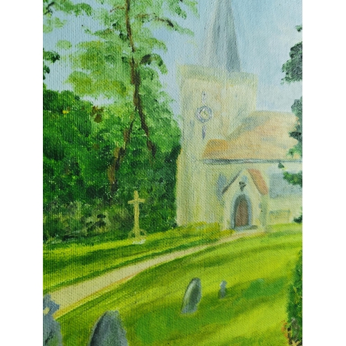 85 - Oil painting of a church. 21x25 inches.