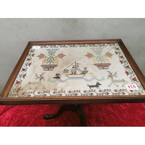 198 - Tri-legged occasional table with Sampler top.
20 inches x 15 inches across