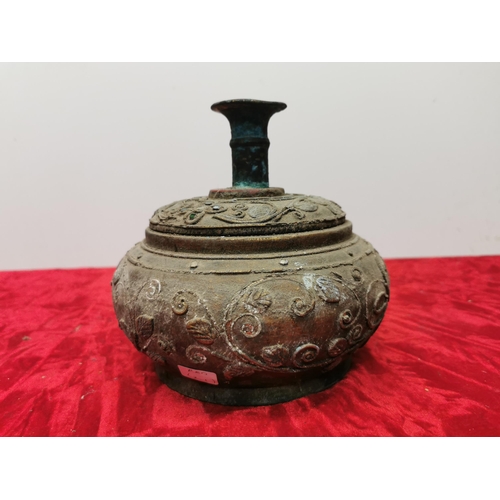 263 - Oriental Brass Stem Candlestick with ornate wood base