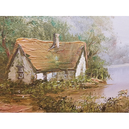 197 - Oil painting of a cottage in a lake scene. 21x25 inches.