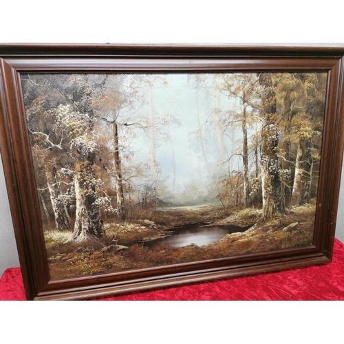 291 - Large Oil Painting of a Woodland Scene. 41x29 inches. As found.