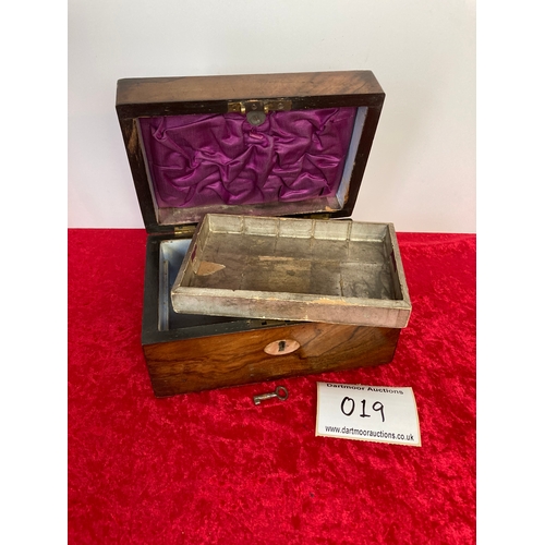 19 - Attractive wooden Jewellery Box with working lock and key. Lid lined with luxurious purple velvet.