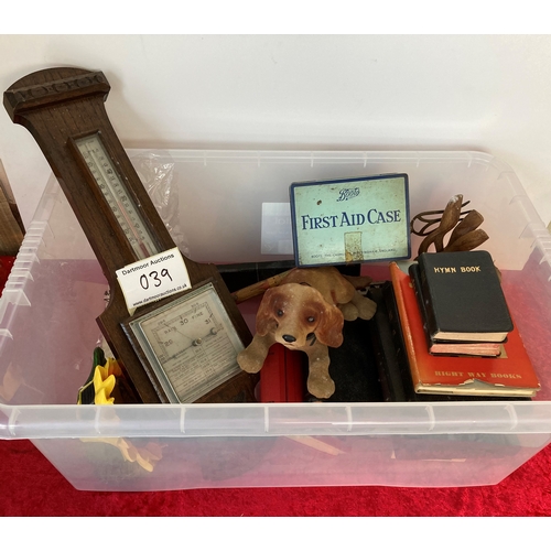 39 - Box containing books, bibles, nodding dog, first aid kit, barometer, etc)